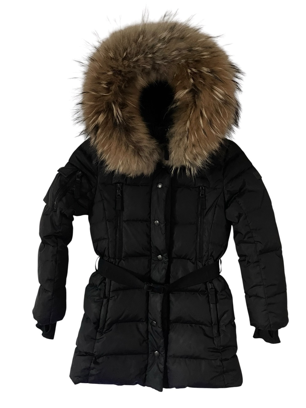 SAM. Girl Black Belted Down Puffer Coat with Faux Fur Trim Size 10